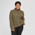 Women's Plus Size Long Sleeve Waffle Stitch Turtleneck - Universal Thread Olive (green)