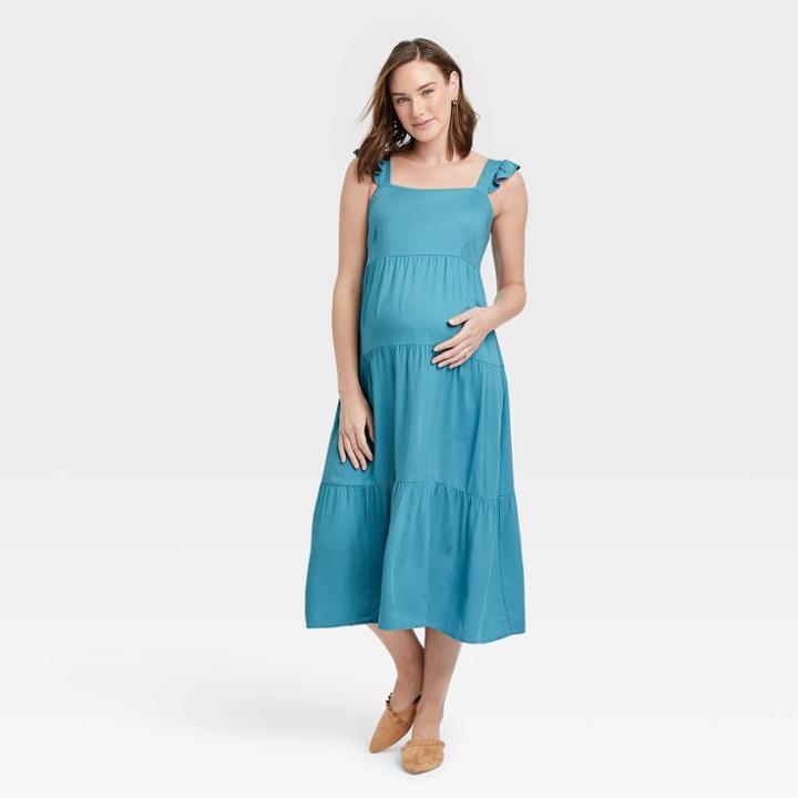 Flutter Short Sleeve Tie-back Maternity Dress - Isabel Maternity By Ingrid & Isabel Blue