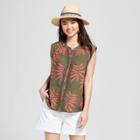 Women's Printed Sleeveless Crochet Detail Blouse - A New Day Olive