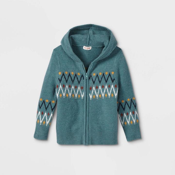 Toddler Boys' Jacquard Knit Hooded Zip-up Sweater - Cat & Jack Teal Blue