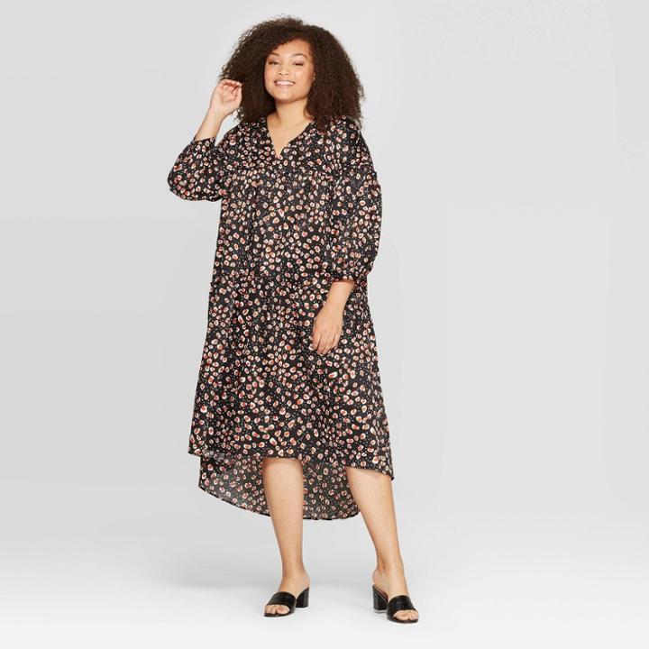 Women's Plus Size Leopard Print 3/4 Sleeve V-neck Tiered Tent Dress - Who What Wear Black