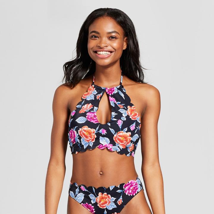 Vanilla Beach Women's Scallop Keyhole High Neck Bikini Top - Black Floral D/dd Cup