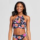 Vanilla Beach Women's Scallop Keyhole High Neck Bikini Top - Black Floral D/dd Cup
