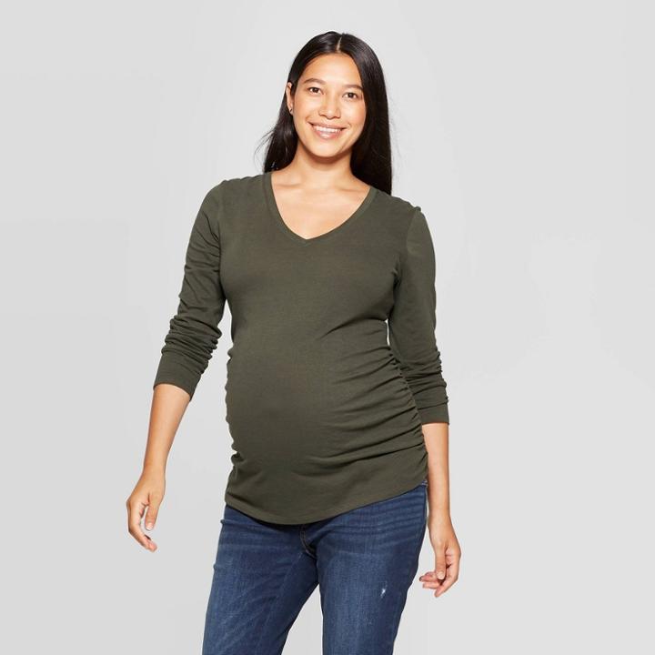 Maternity Long Sleeve V-neck Side Shirred T-shirt - Isabel Maternity By Ingrid & Isabel Safari Green L, Women's,