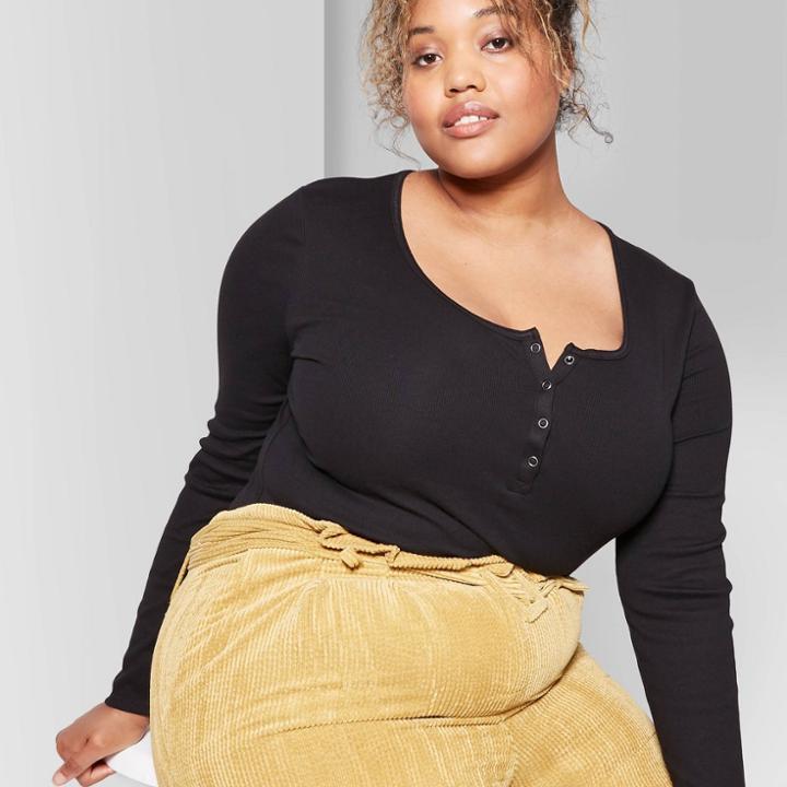 Women's Plus Size Long Sleeve Henley T-shirt - Wild Fable Black