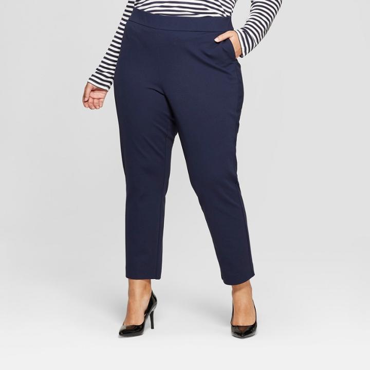 Women's Plus Size Pull On Slim Ankle Ponte Pants - Ava & Viv Navy (blue)