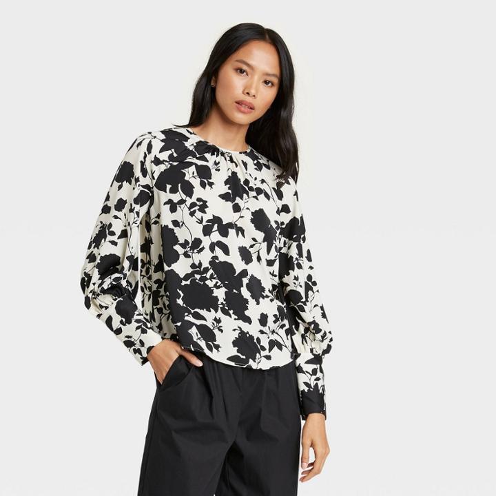 Women's Floral Print Balloon Long Sleeve High Cuff Blouse - Who What Wear Cream