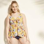Women's Plus Tie Front Tankini Top - Kona Sol Yellow Floral