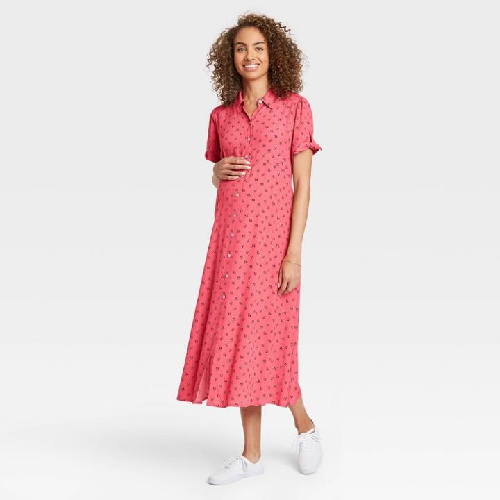 The Nines By Hatch Floral Print Tie Short Sleeve Crepe Maternity Dress Dark Pink