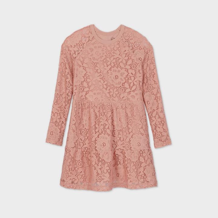 Girls' Lace Tiered Long Sleeve Dress - Art Class Pink