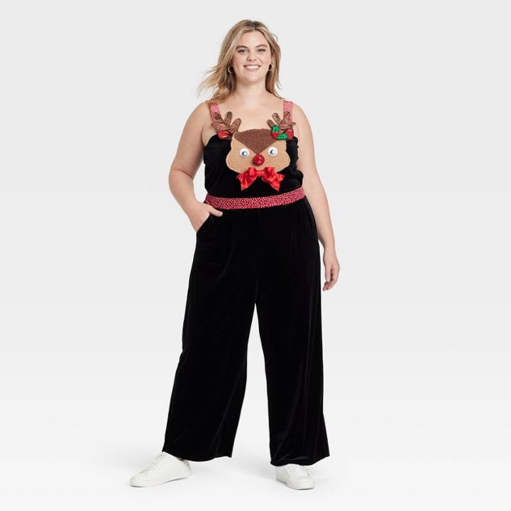 Born Famous Women's Plus Size Reindeer Ugly Holiday Velour Graphic Jumpsuit - Black