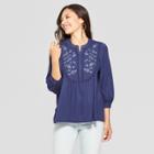 Women's Floral Print 3/4 Sleeve Tonal Embroidered Knit Henley Top - Knox Rose Navy