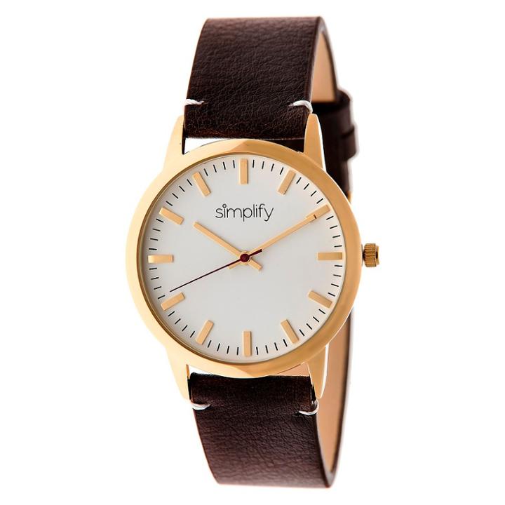 Simplify The 2800 Men's Leather Strap Watch - Gold/dark Brown, Hot Fudge
