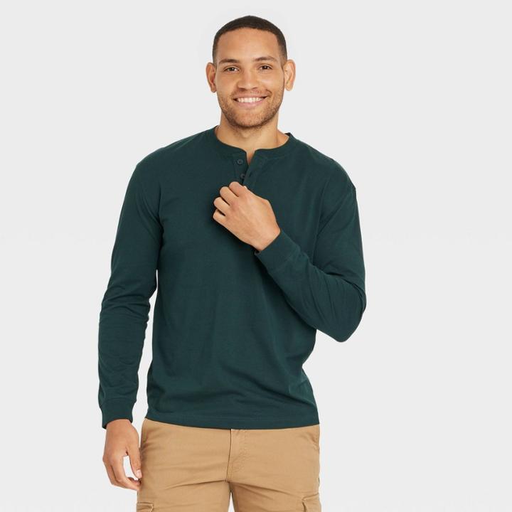 Men's Long Sleeve Henley T-shirt - Goodfellow & Co Dark Green