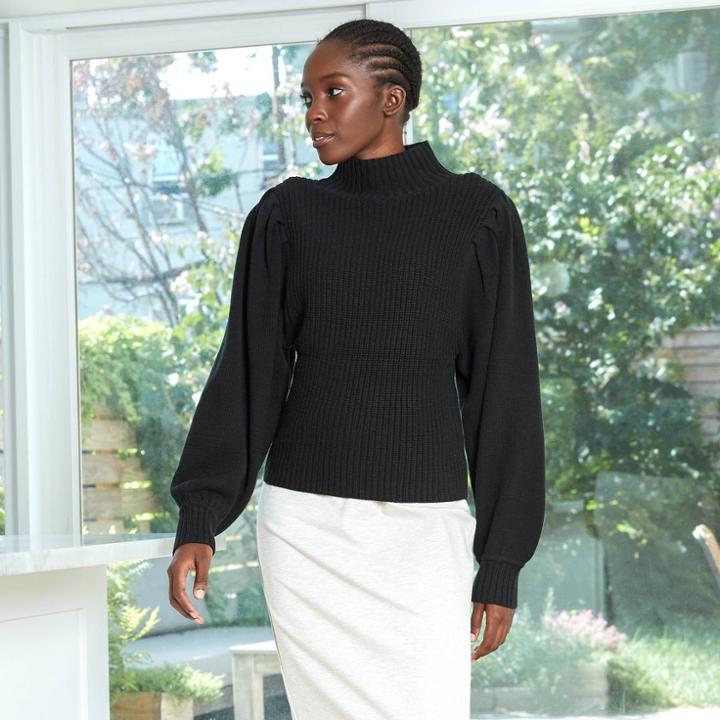 Women's Mock Turtleneck Chunky Pleat Sleeve Pullover Sweater - Prologue Black