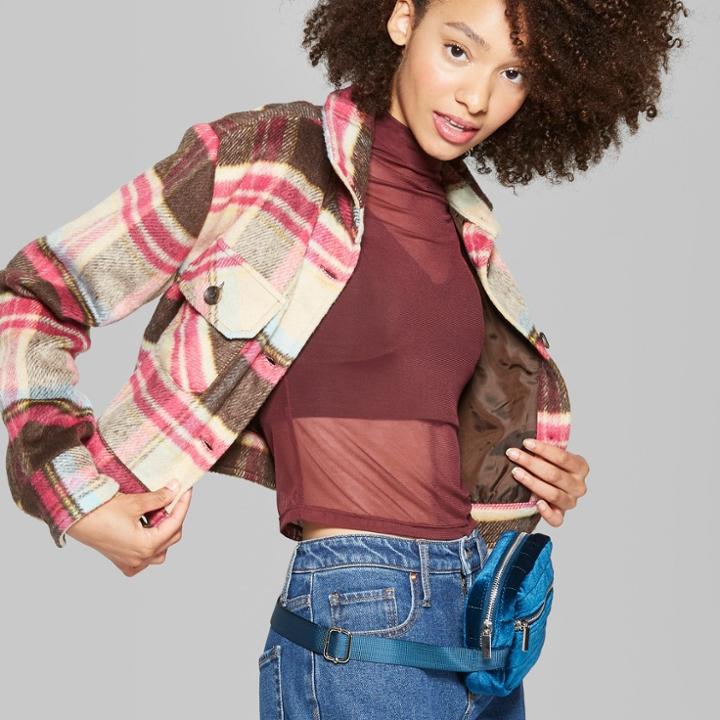 Women's Button Front Two Pocket Plaid Jacket - Wild Fable Brown/pink