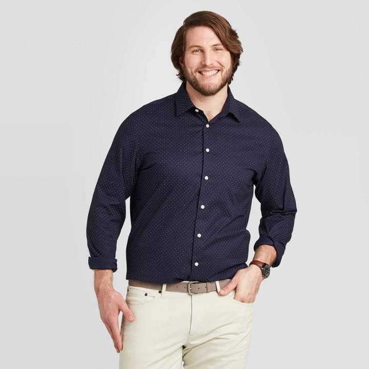 Men's Tall Polka Dot Standard Fit Long Sleeve Button-down Dress Shirt - Goodfellow & Co Navy Mt, Men's,