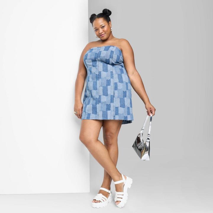 Women's Sleeveless Denim Tube Bodycon Dress - Wild Fable Indigo Patchwork 1x, Blue Patchwork