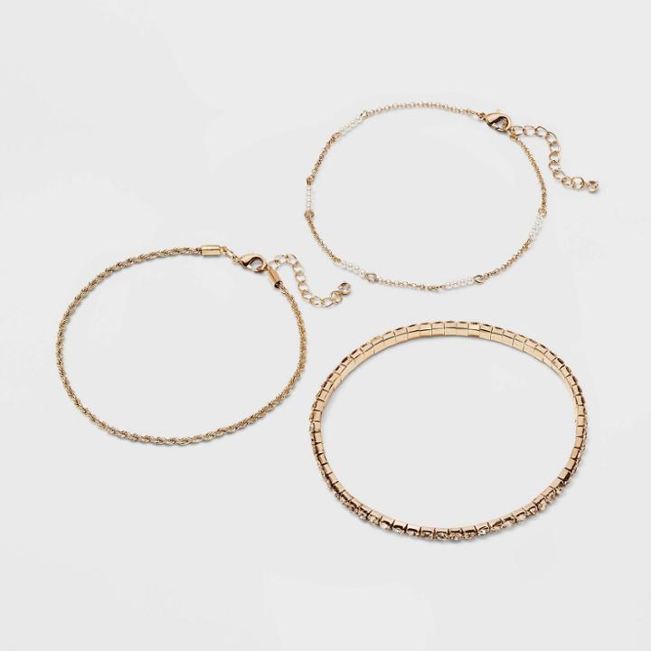 Pearl And Rhinestone Chain Anklet Set 3pc - A New Day Gold
