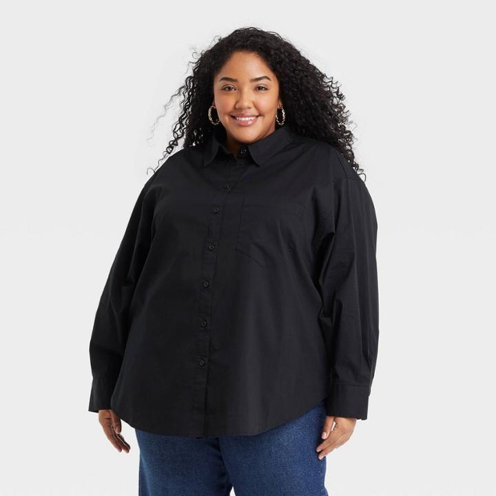 Women's Plus Size Raglan Long Sleeve Button-down Oversized Tunic - Ava & Viv Black