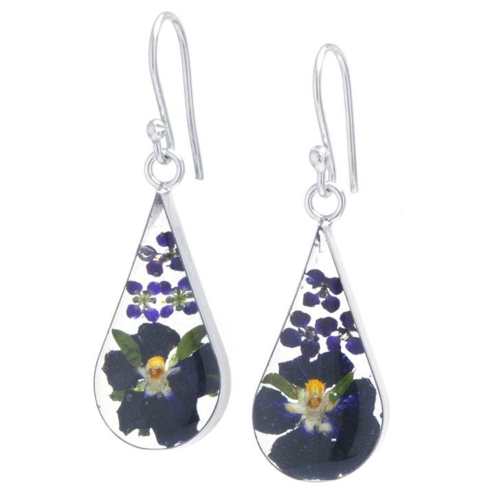 Distributed By Target Women's Sterling Silver Purple Pressed Flowers Teardrop Earrings