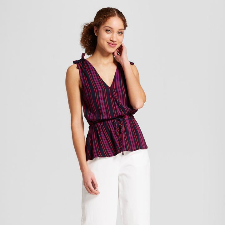 Women's Striped Sleeveless V-neck Waist Tank - A New Day Purple