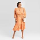 Women's Plus Size Leaf Print Long Sleeve Crewneck Tiered Midi Dress - A New Day Orange 1x, Women's,