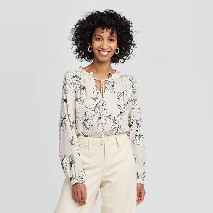 Women's Regular Fit Floral Print Bishop Long Sleeve Collared Blouse - A New Day Pumice