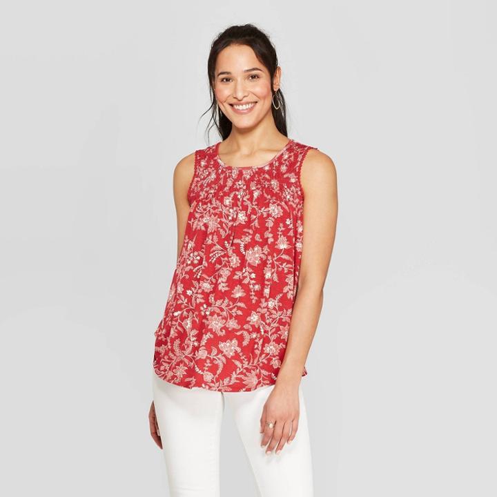 Women's Printed Sleeveless Scoop Neck Knit Tank Top With Crochet Yoke - Knox Rose Red