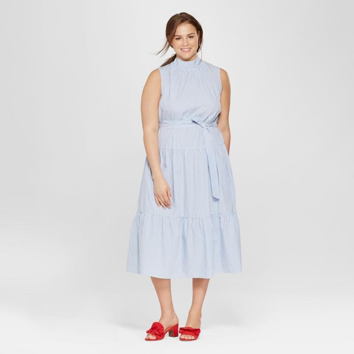 Women's Plus Size Striped Sleeveless Belted Mock Neck Dress - Who What Wear Blue X, Blue
