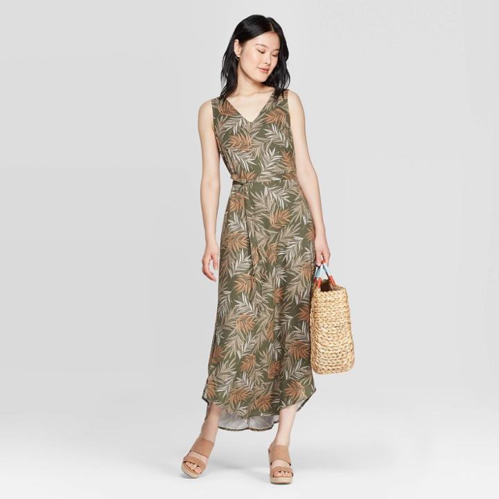 Women's Floral Print Sleeveless V-neck Maxi Dress - A New Day Olive