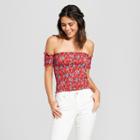 Women's Floral Print Off The Shoulder Smocked Crop Top - Almost Famous (juniors') Red