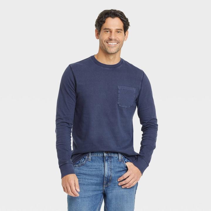 Men's Standard Fit Long Sleeve Crewneck T-shirt - Goodfellow & Co Blue