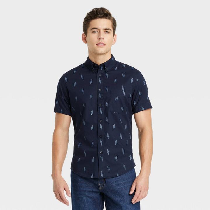 Men's Printed Slim Fit Stretch Poplin Short Sleeve Button-down Shirt - Goodfellow & Co Blue Velvet