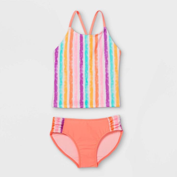 Girls' Vertical Striped Tankini Set - Cat & Jack Coral