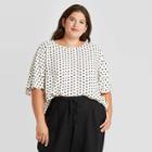 Women's Plus Size Polka Dot Short Sleeve Round Neck Woven T-shirt - A New Day White