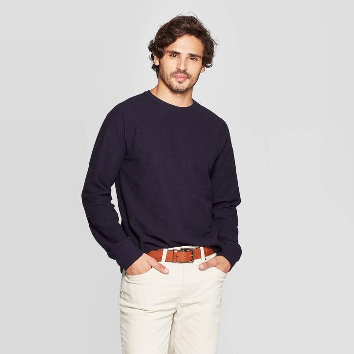 Men's Standard Fit Long Sleeve Textured Crew Neck Shirt - Goodfellow & Co Federal Blue