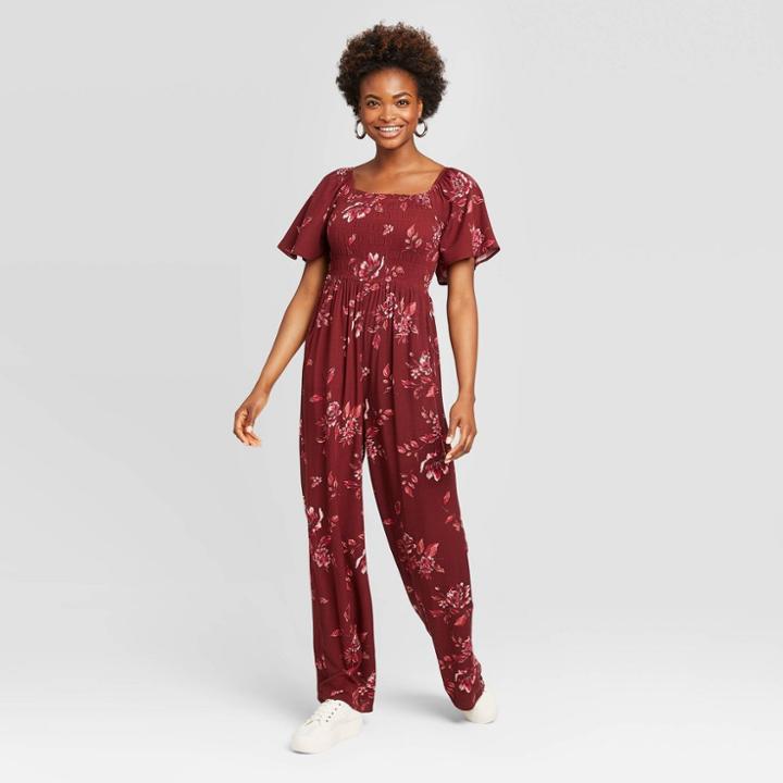 Women's Floral Print Short Sleeve Square Neck Smocked Top Jumpsuit - Xhilaration Burgundy Xs, Women's, Red