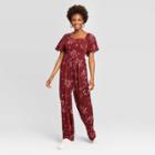 Women's Floral Print Short Sleeve Square Neck Smocked Top Jumpsuit - Xhilaration Burgundy Xs, Women's, Red