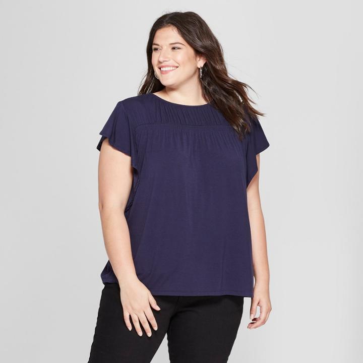 Women's Plus Size Flutter Short Sleeve Top - Ava & Viv Navy (blue)