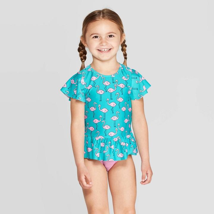 Petitetoddler Girls' Short Sleeve Flamingo Rash Guard Set - Cat & Jack Aqua 2t, Girl's, Blue/pink
