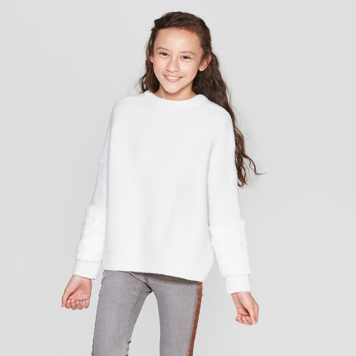 Girls' Faux Fur Cuff Pullover Sweater - Cat & Jack Almond Cream
