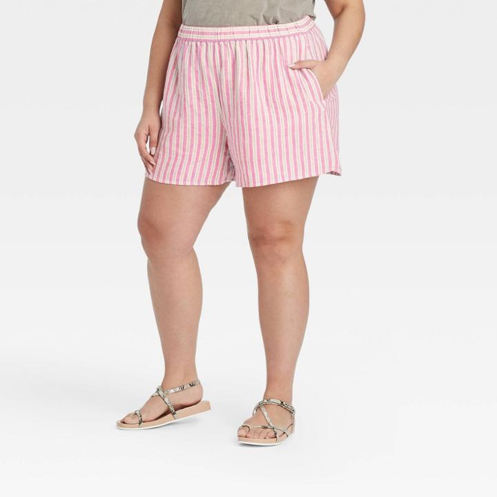 Women's Plus Size Striped High-rise Pull-on Shorts - Universal Thread Pink