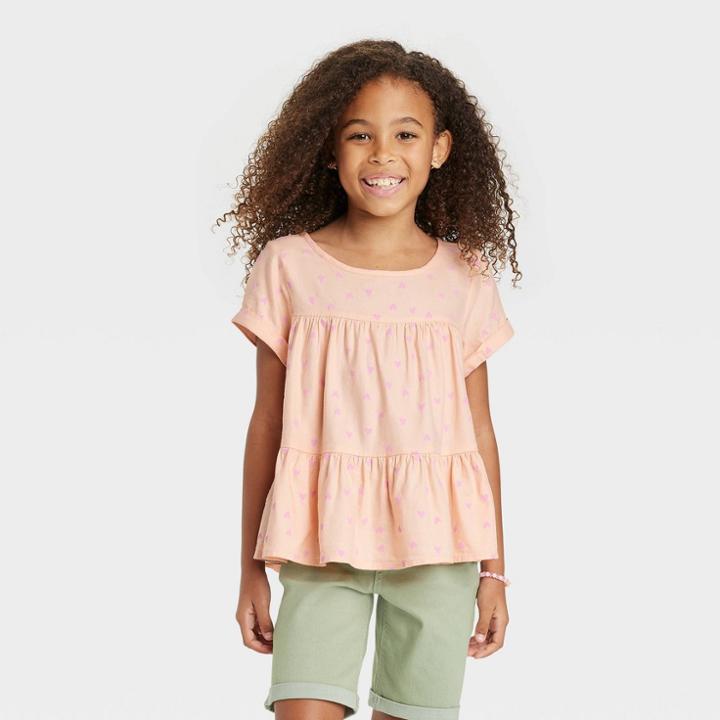 Girls' Short Sleeve Tiered Woven Shirt - Cat & Jack Soft Peach