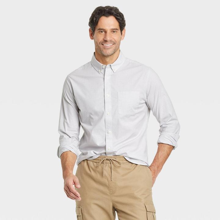Men's Plaid Slim Fit Long Sleeve Button-down Shirt - Goodfellow & Co Light Gray/plaid