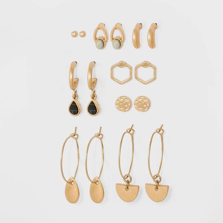 Mixed Semi-precious With Geometric Charms Multi Earring Set 8pc - Universal Thread , Gold/grey