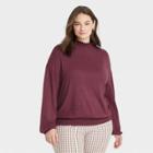 Women's Plus Size Long Sleeve High Neck Smocked T-shirt - A New Day Burgundy