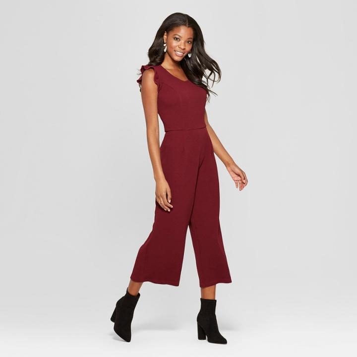 Women's Flutter Sleeve Knit Cropped Jumpsuit - Xhilaration Burgundy (red) Passion