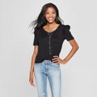 Women's Short Sleeve Ruffle Shoulder T-shirt - 3hearts (juniors') Black
