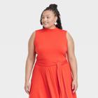 Women's Plus Size Slim Fit Ruched Side-tie Mock Turtleneck Jersey Crop Top - Ava & Viv Red